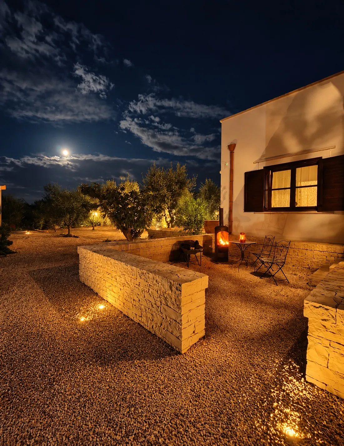 Lanterne e braciere nel giardino di sera